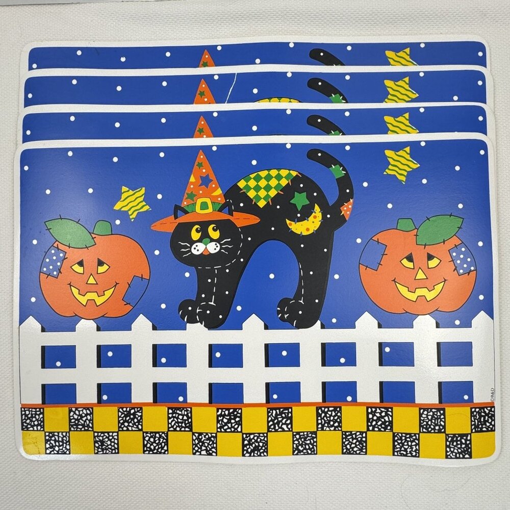 4 VTG B&D Barth & Dreyfuss Halloween Vinyl Placemats Black Cat Jack-o-Lantern